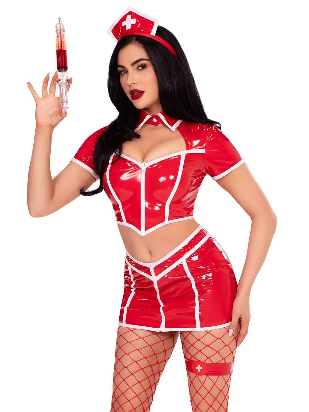 3898 ’s 4 PC Red Alert Nurse Costume Sexy Vinyl Crop Top, Mini Skirt, Leg